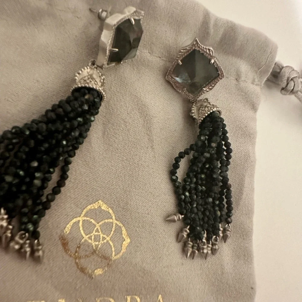 Kendra Scott Misha Tassel Earrings Black Mother of Pearl and Silver Tone Metal